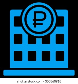 Rouble Bank Office vector icon. Style is flat symbol, blue color, rounded angles, black background.