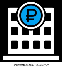 Rouble Bank Office vector icon. Style is bicolor flat symbol, blue and white colors, rounded angles, black background.