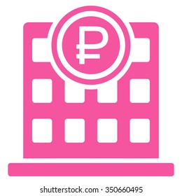 Rouble Bank Office vector icon. Style is flat symbol, pink color, rounded angles, white background.