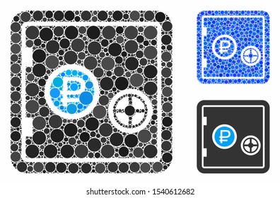 Rouble bank safe composition of filled circles in different sizes and color hues, based on rouble bank safe icon. Vector filled circles are grouped into blue illustration.