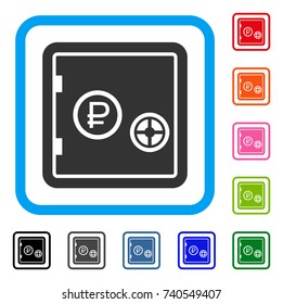 Rouble Bank Safe icon. Flat gray iconic symbol inside a light blue rounded rectangular frame. Black, gray, green, blue, red, orange color additional versions of Rouble Bank Safe vector.