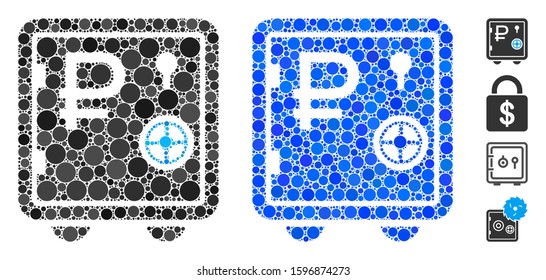 Rouble bank safe mosaic of circle elements in different sizes and color hues, based on rouble bank safe icon. Vector round elements are composed into blue illustration.