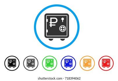 Rouble Bank Safe rounded icon. Style is a flat rouble bank safe gray symbol inside light blue circle with black, gray, green, blue, red, orange color versions.