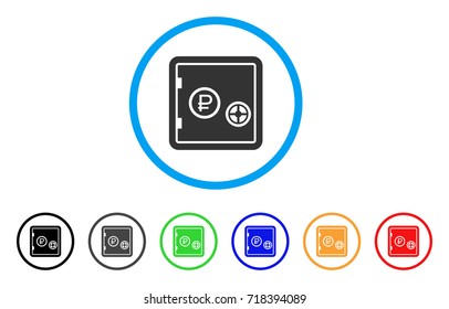 Rouble Bank Safe rounded icon. Style is a flat rouble bank safe grey symbol inside light blue circle with black, gray, green, blue, red, orange variants.