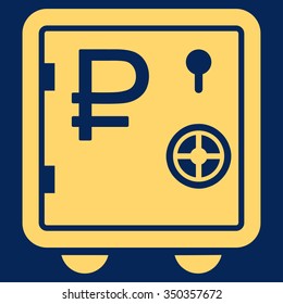 Rouble Bank Safe vector icon. Style is flat symbol, yellow color, rounded angles, blue background.