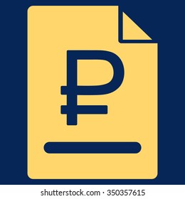 Rouble Bill vector icon. Style is flat symbol, yellow color, rounded angles, blue background.