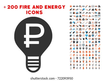 Rouble Bulb pictograph with bonus flame clip art. Vector illustration style is flat iconic symbols for web design, application ui.