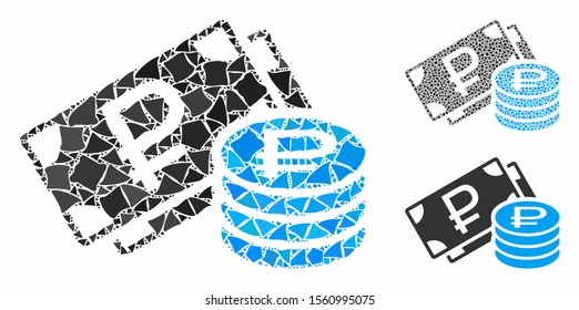 Rouble cash composition of joggly items in various sizes and color hues, based on rouble cash icon. Vector humpy dots are combined into collage. Rouble cash icons collage with dotted pattern.