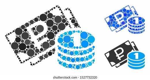 Rouble cash mosaic of small circles in variable sizes and color hues, based on rouble cash icon. Vector small circles are grouped into blue composition.