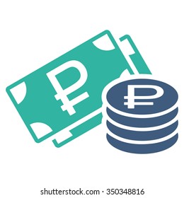 Rouble Cash vector icon. Style is bicolor flat symbol, cobalt and cyan colors, rounded angles, white background.