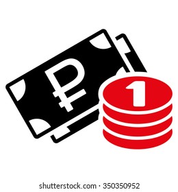 Rouble Cash vector icon. Style is bicolor flat symbol, intensive red and black colors, rounded angles, white background.