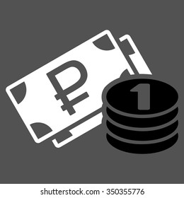 Rouble Cash vector icon. Style is bicolor flat symbol, black and white colors, rounded angles, gray background.