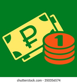 Rouble Cash vector icon. Style is bicolor flat symbol, orange and yellow colors, rounded angles, green background.
