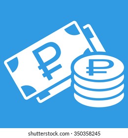 Rouble Cash vector icon. Style is flat symbol, white color, rounded angles, blue background.