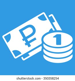 Rouble Cash vector icon. Style is flat symbol, white color, rounded angles, blue background.