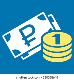 Rouble Cash vector icon. Style is bicolor flat symbol, yellow and white colors, rounded angles, blue background.