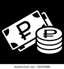 Rouble Cash vector icon. Style is flat symbol, white color, rounded angles, black background.