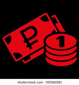 Rouble Cash vector icon. Style is flat symbol, red color, rounded angles, black background.