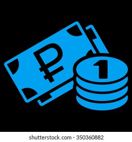 Rouble Cash vector icon. Style is flat symbol, blue color, rounded angles, black background.
