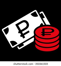 Rouble Cash vector icon. Style is bicolor flat symbol, red and white colors, rounded angles, black background.