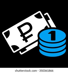 Rouble Cash vector icon. Style is bicolor flat symbol, blue and white colors, rounded angles, black background.