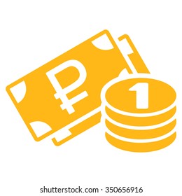 Rouble Cash vector icon. Style is flat symbol, yellow color, rounded angles, white background.