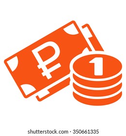 Rouble Cash vector icon. Style is flat symbol, orange color, rounded angles, white background.