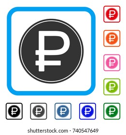 Rouble Coin icon. Flat grey pictogram symbol in a light blue rounded squared frame. Black, gray, green, blue, red, orange color versions of Rouble Coin vector.