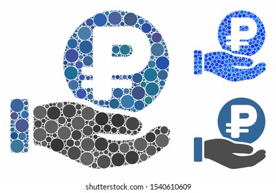 Rouble coin payment hand composition of filled circles in variable sizes and shades, based on rouble coin payment hand icon. Vector filled circles are grouped into blue illustration.