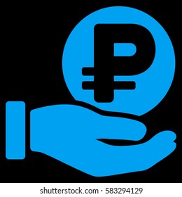 Rouble Coin Payment Hand vector pictogram. Illustration style is a flat iconic blue symbol on black background.