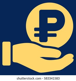 Rouble Coin Payment Hand vector pictograph. Illustration style is a flat iconic yellow symbol on blue background.