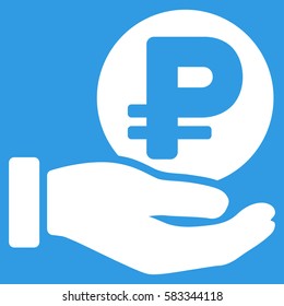 Rouble Coin Payment Hand vector pictograph. Illustration style is a flat iconic white symbol on blue background.