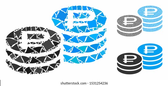 Rouble coin stacks composition of unequal items in various sizes and color tints, based on rouble coin stacks icon. Vector bumpy pieces are grouped into composition.