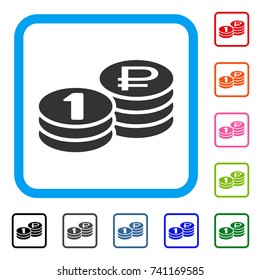 Rouble Coin Stacks icon. Flat gray pictogram symbol inside a light blue rounded square. Black, gray, green, blue, red, orange color variants of Rouble Coin Stacks vector.