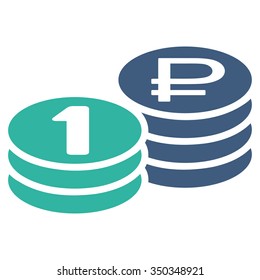 Rouble Coin Stacks vector icon. Style is bicolor flat symbol, cobalt and cyan colors, rounded angles, white background.