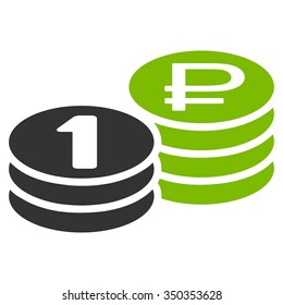 Rouble Coin Stacks vector icon. Style is bicolor flat symbol, eco green and gray colors, rounded angles, white background.