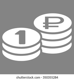 Rouble Coin Stacks vector icon. Style is flat symbol, white color, rounded angles, gray background.