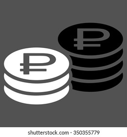 Rouble Coin Stacks vector icon. Style is bicolor flat symbol, black and white colors, rounded angles, gray background.