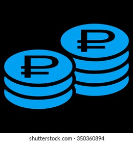 Rouble Coin Stacks vector icon. Style is flat symbol, blue color, rounded angles, black background.