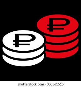 Rouble Coin Stacks vector icon. Style is bicolor flat symbol, red and white colors, rounded angles, black background.
