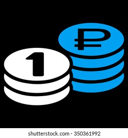 Rouble Coin Stacks vector icon. Style is bicolor flat symbol, blue and white colors, rounded angles, black background.