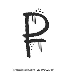 Rouble coin. Urban street icon in y2k grunge graffiti style with streaks, splash effects, drops. Black air sprayed graphic. Spray textured vector illustration for graphic tee; banners; social media