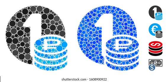 Rouble coins composition of filled circles in variable sizes and color hues, based on rouble coins icon. Vector filled circles are composed into blue collage.