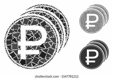 Rouble coins composition of tuberous pieces in variable sizes and color tinges, based on rouble coins icon. Vector inequal pieces are united into collage.