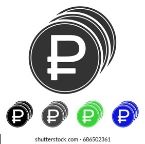Rouble Coins flat vector pictograph. Colored rouble coins gray, black, blue, green pictogram versions. Flat icon style for application design.