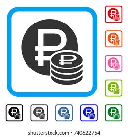 Rouble Coins icon. Flat grey iconic symbol inside a light blue rounded rectangular frame. Black, gray, green, blue, red, orange color additional versions of Rouble Coins vector.