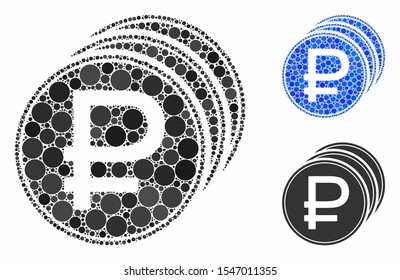 Rouble coins mosaic of circle elements in different sizes and color tinges, based on rouble coins icon. Vector round elements are composed into blue collage.