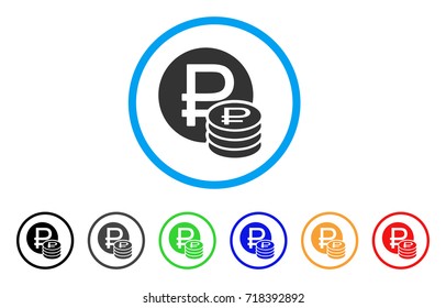 Rouble Coins rounded icon. Style is a flat rouble coins grey symbol inside light blue circle with black, gray, green, blue, red, orange variants. Vector designed for web and software interfaces.