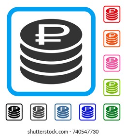 Rouble Coins Stack icon. Flat gray pictogram symbol in a light blue rounded squared frame. Black, gray, green, blue, red, orange color additional versions of Rouble Coins Stack vector.