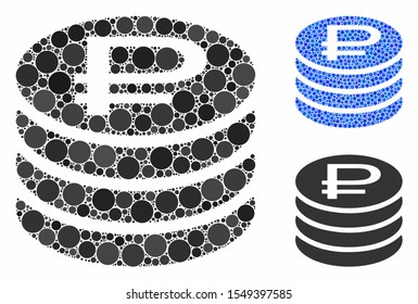 Rouble coins stack mosaic of filled circles in variable sizes and shades, based on rouble coins stack icon. Vector small circles are composed into blue mosaic.